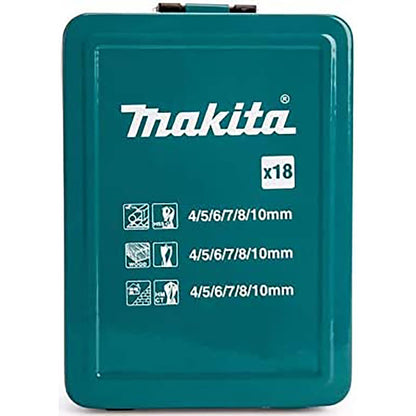 Makita Mixed Drill Bit Set in Metal Case 18 Piece HSS Wood Masonry D-47173