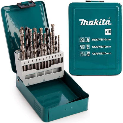 Makita Mixed Drill Bit Set in Metal Case 18 Piece HSS Wood Masonry D-47173